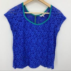 Bright Blue Eyelet Floral Lace Shirt Medium